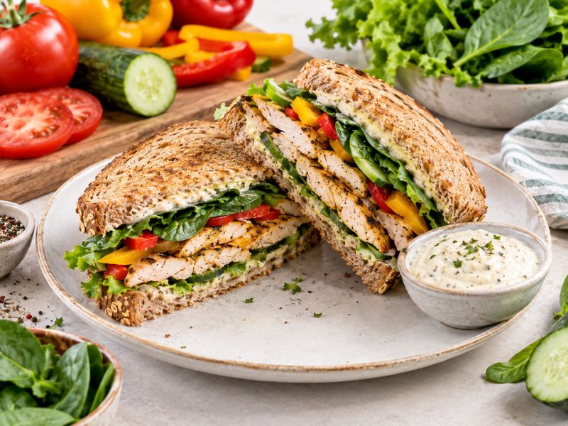 grilled chicken vegetable sandwich with cucumber tomato bell pepper and lettuce