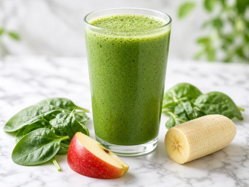 Green protein shake with spinach and fruit