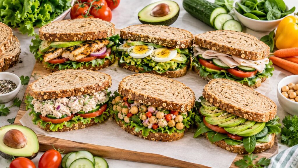 healthy sandwich ideas with chicken egg avocado vegetables and whole grain bread
