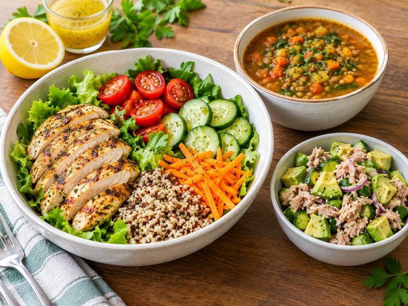 Healthy weight loss recipes for lunch with grilled chicken salad quinoa tuna and vegetables