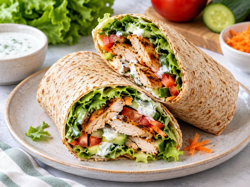 Healthy chicken wrap with grilled chicken, lettuce, vegetables, and yogurt sauce