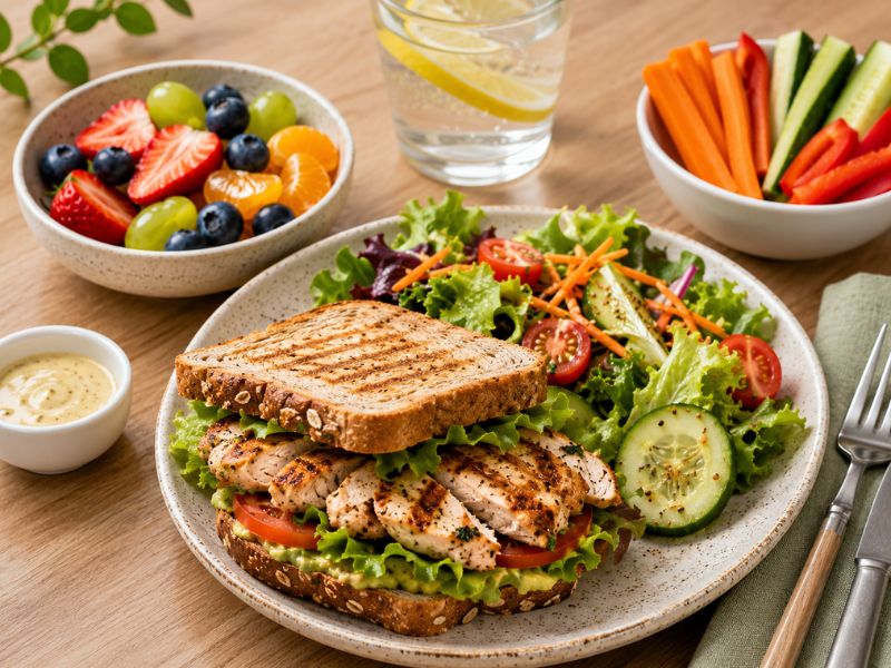 healthy sandwich lunch with vegetables and fresh fruit