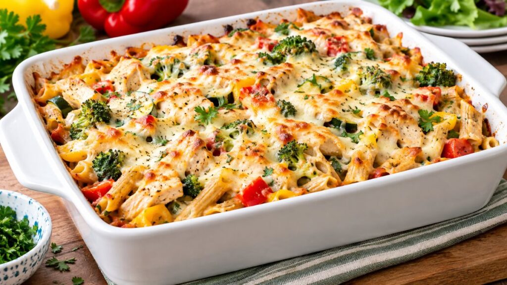 Healthy pasta bake with vegetables and melted cheese