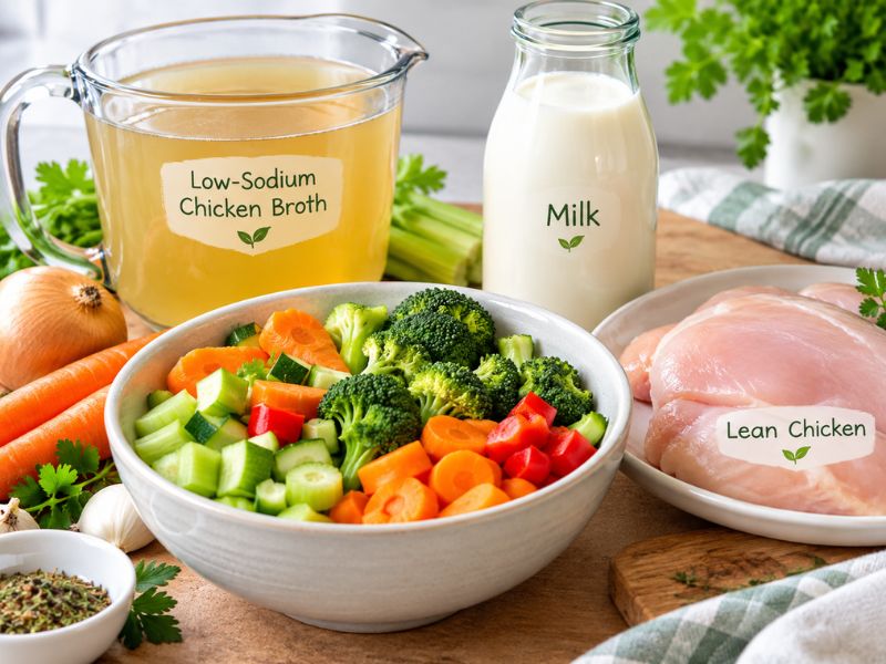 Creamy chicken meal with vegetables and whole grains