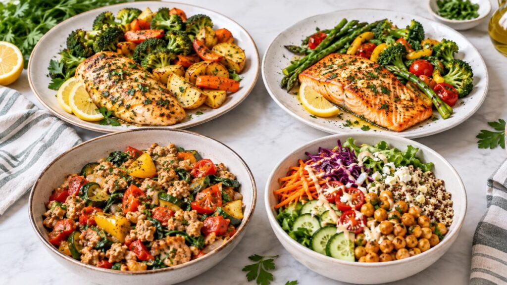 Healthy weeknight dinner recipes with chicken, salmon, turkey, and vegetables