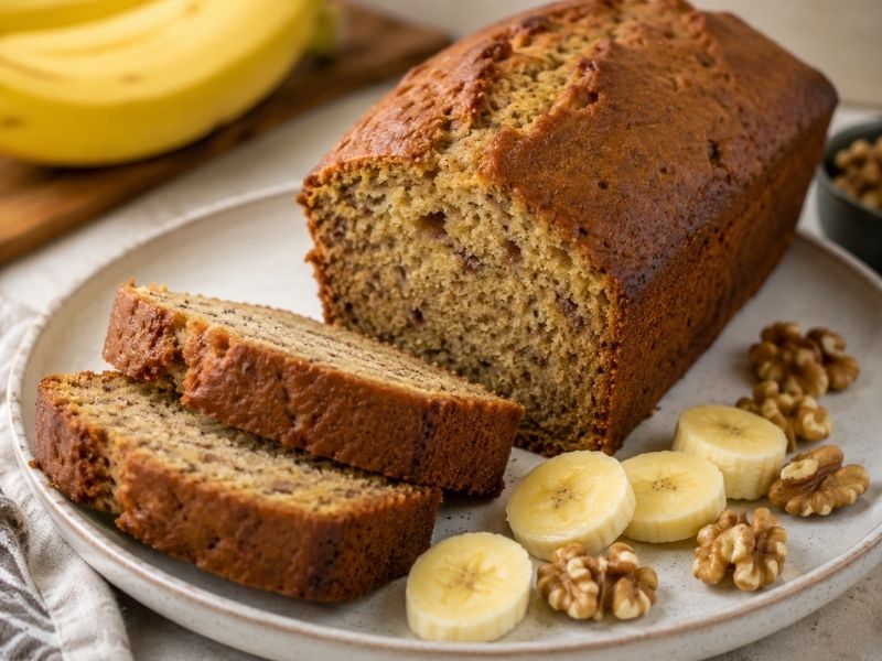 Sliced banana cake with banana pieces