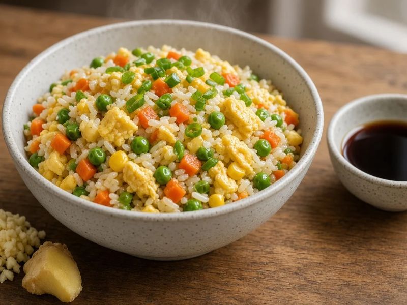 vegetable fried rice with eggs mixed vegetables garlic ginger and soy sauce