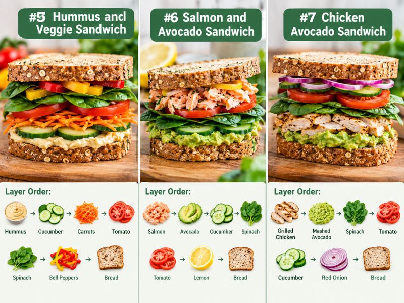 Hummus veggie salmon avocado and chicken avocado sandwiches
