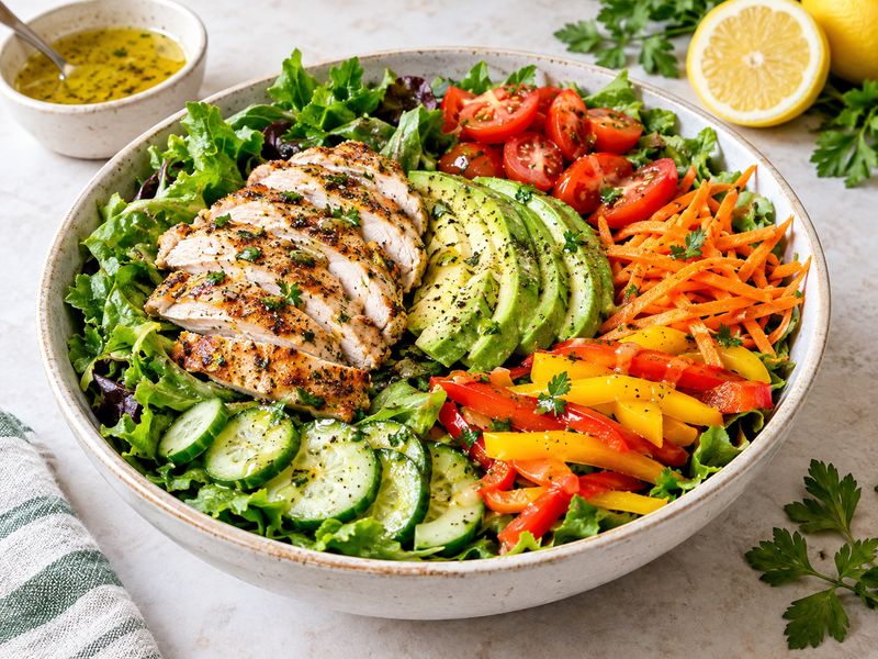 Grilled chicken salad with leafy greens, vegetables, avocado, and lemon dressing