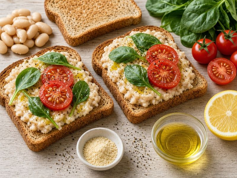 White bean whole-grain toast with spinach, tomato, lemon, and olive oil