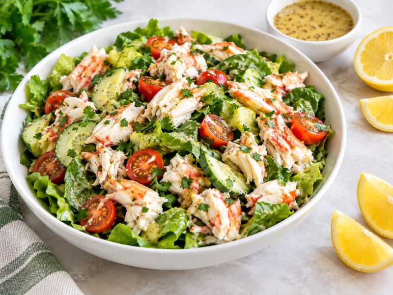 Lemon herb crab salad with cucumber and fresh vegetables