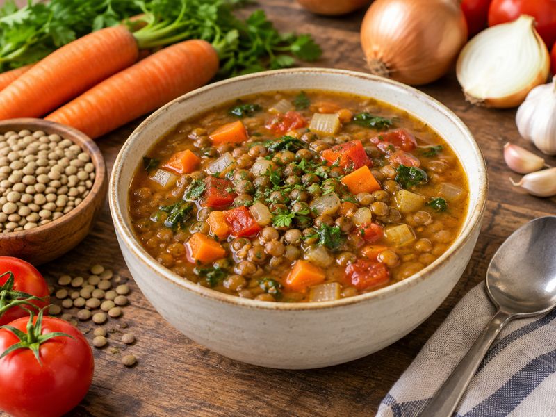 lentil vegetable soup with carrots tomatoes onions and herbs