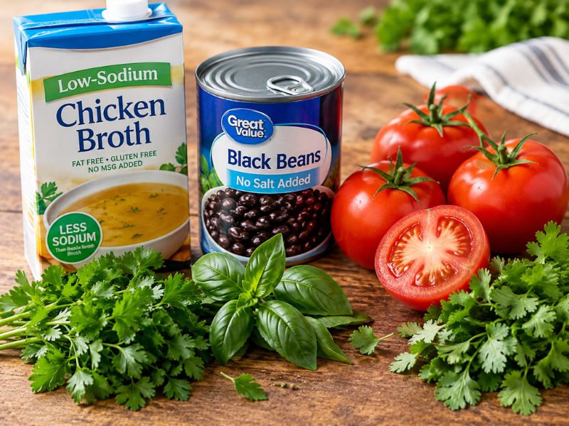 Healthy chicken tortilla soup ingredients with chicken, beans, vegetables, and low-sodium