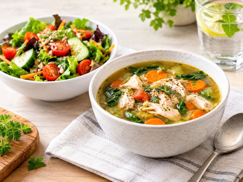 Healthy chicken tortilla soup topped with fresh cilantro, lime, and avocado