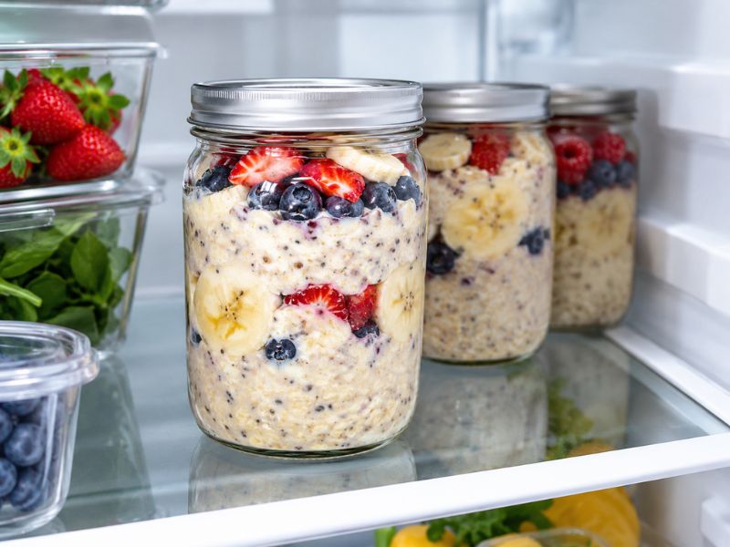 Creamy breakfast jar topped with fresh berries, banana, walnuts, and chia seeds