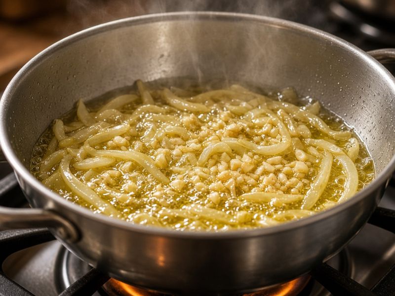 Broccoli and vegetables simmering in vegetable broth