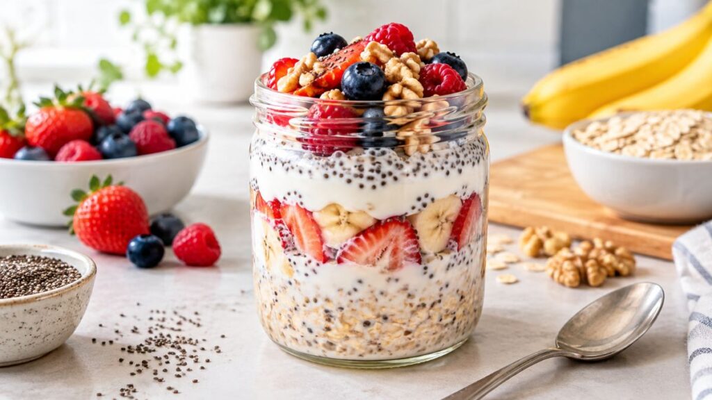 Overnight oats with Greek yogurt, berries, banana, chia seeds, and nuts