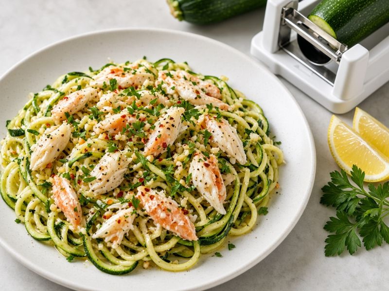Garlic crab zucchini noodles with lemon and parsley
