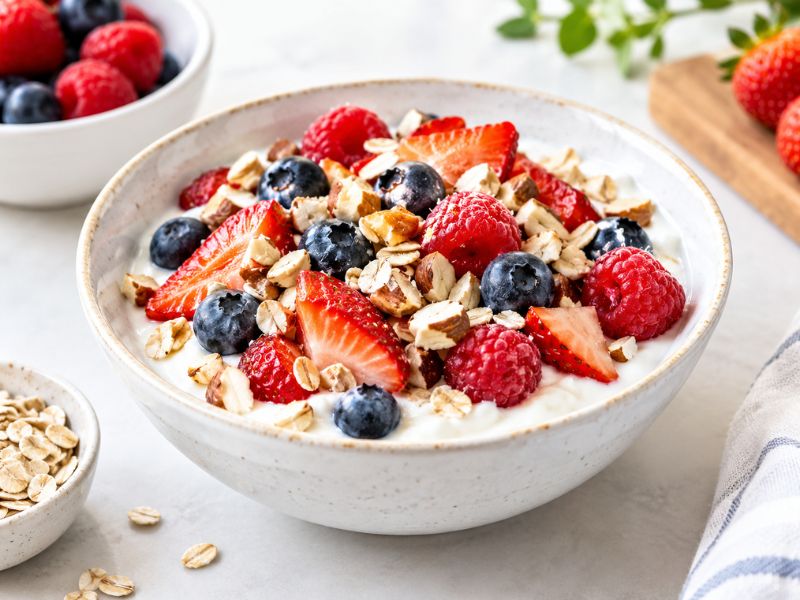 Healthy Greek yogurt and berry snack with oats and fresh berries