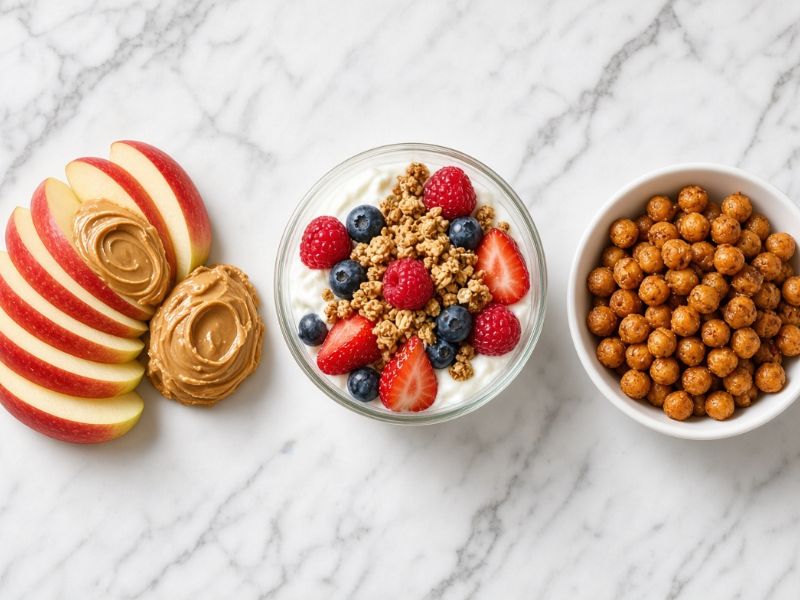 Healthy weight loss recipes for snacks with apple peanut butter yogurt parfait and roasted chickpeas