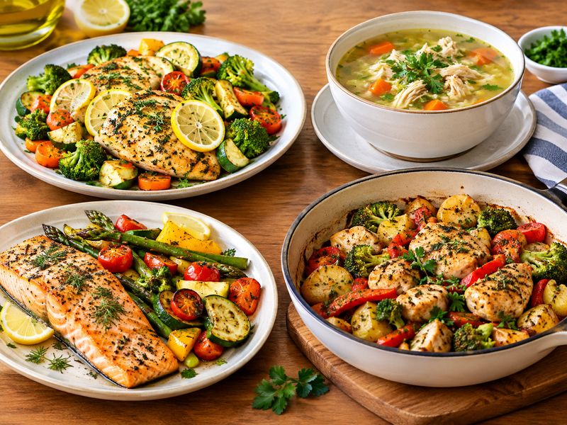 Healthy one-pan chicken dinner with roasted chicken, bell peppers, onions, and zucchini