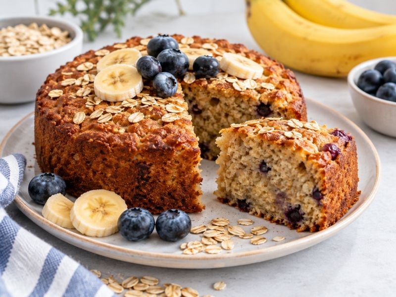 Healthy oatmeal cake with oats, banana, and fresh blueberries
