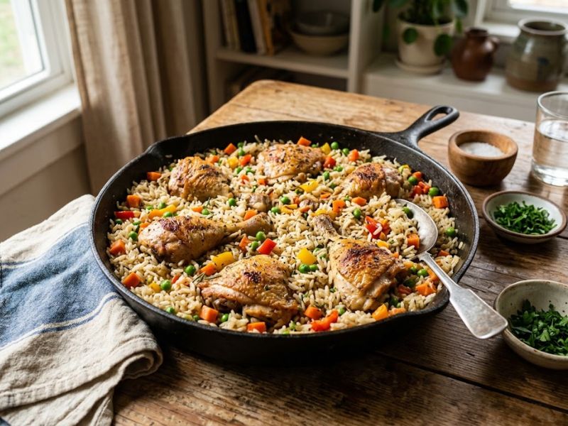 one pan chicken and rice with vegetables
