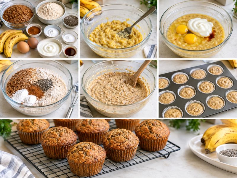 Bran and banana high fiber muffins with chia seeds and oats