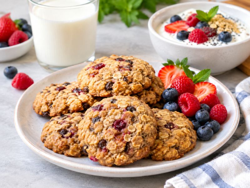 Soft healthy breakfast cookies served with fruit and yogurt