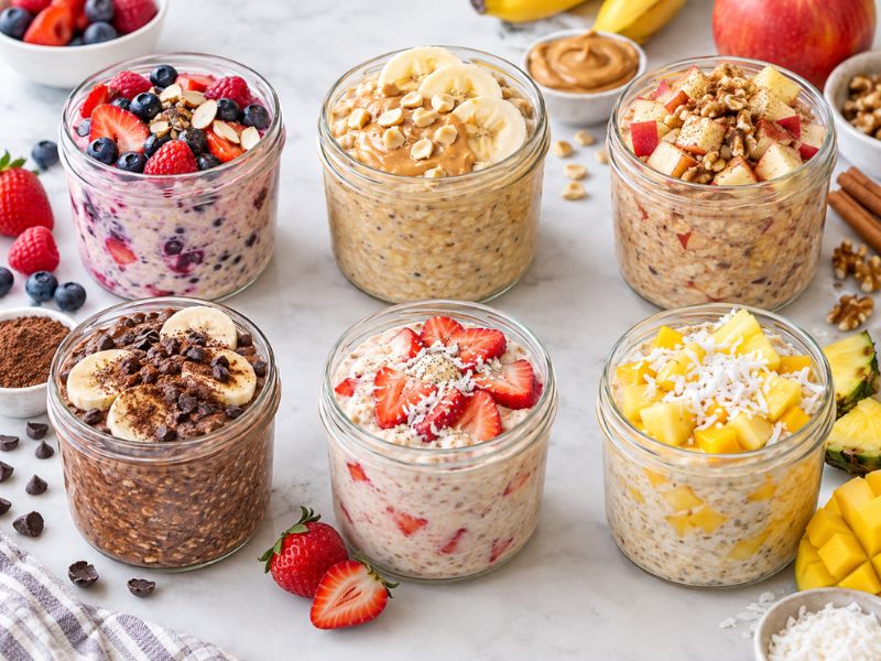 Six overnight oats variations with berries, banana, apple, chocolate, strawberries, mango, and pineapple