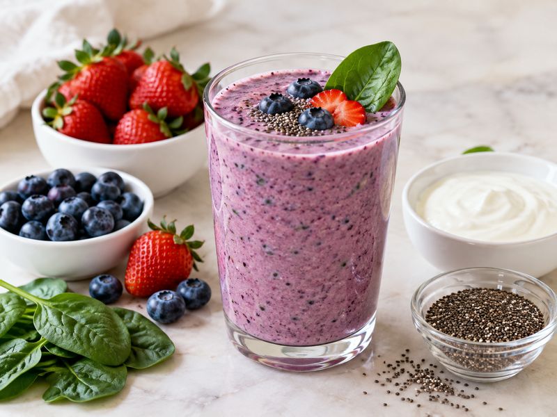 Berry spinach smoothie with yogurt and chia seeds for a low calorie breakfast