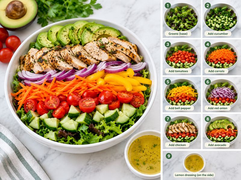 Grilled chicken with romaine lettuce, tomatoes, cucumber, carrots, and bell peppers