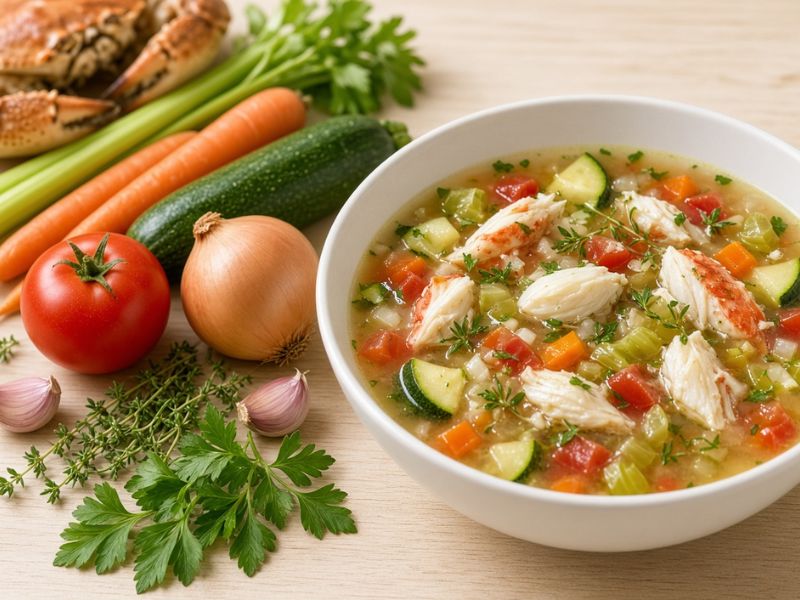 Crab and vegetable soup with carrots zucchini and tomatoes