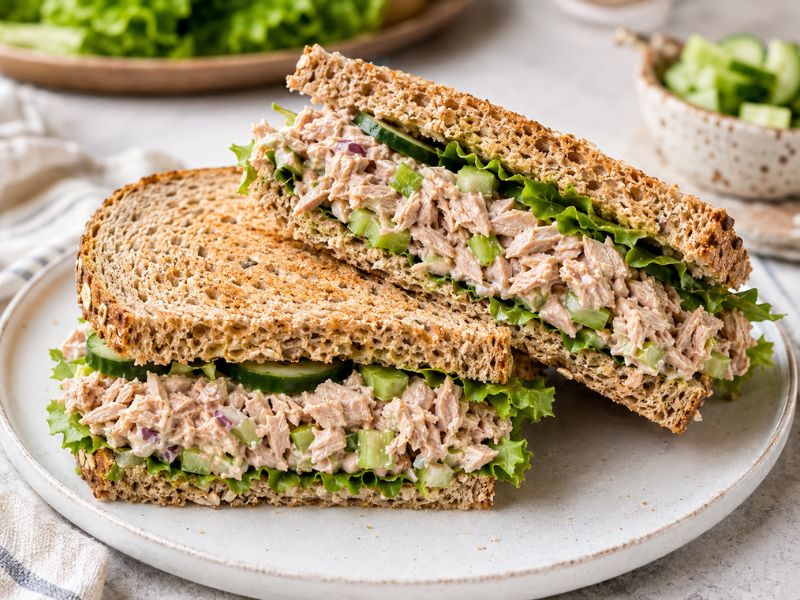 healthy tuna sandwich with cucumber and lettuce