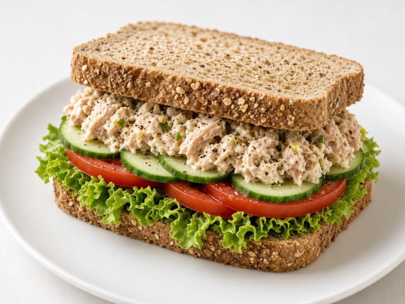 Tuna and cucumber sandwich made with Greek yogurt mustard vegetables and whole grain bread
