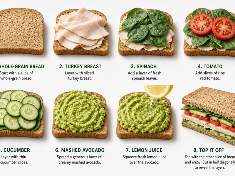 Turkey and avocado sandwich with spinach tomato cucumber and whole grain bread