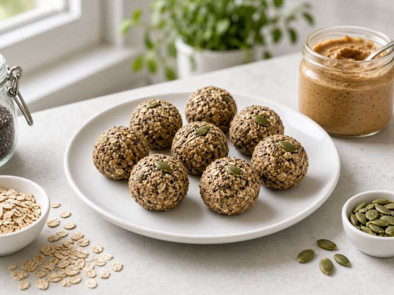 Homemade oat energy bites with oats, nut butter, and seeds