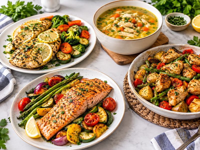 Tasty and healthy dinner recipes with chicken, salmon, soup, and roasted vegetables