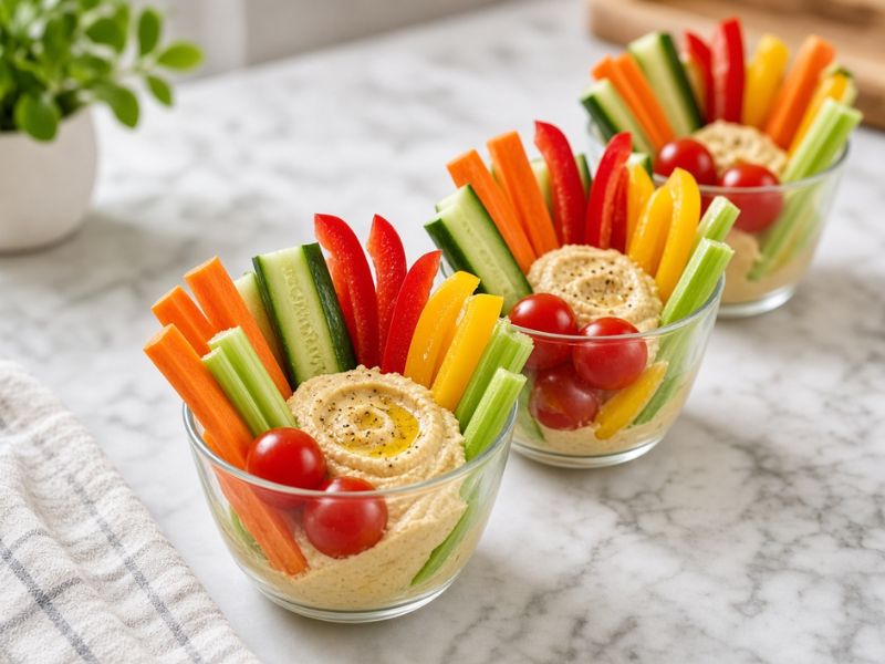 Colorful vegetable sticks served with creamy hummus