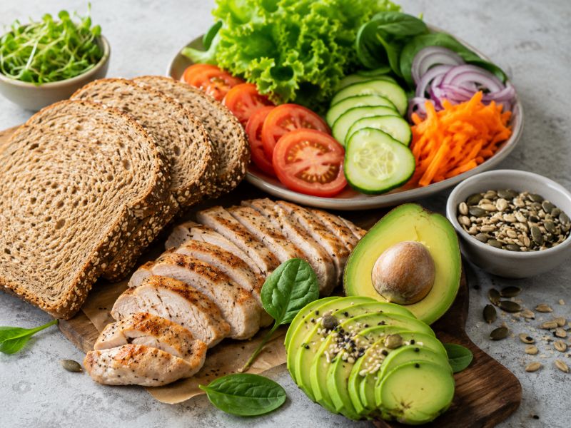 healthy sandwich ingredients including whole-grain bread vegetables and protein