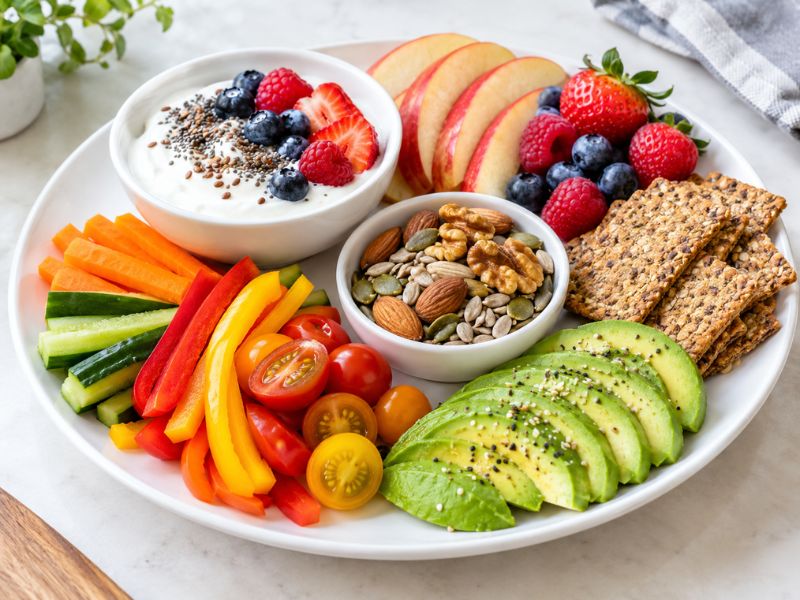 Balanced healthy snack with protein, fiber, fruit, vegetables, and healthy fats