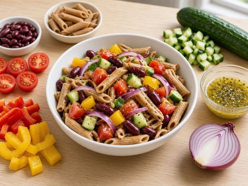 Fiber-rich lunch with whole grains, beans, vegetables, and fresh ingredients