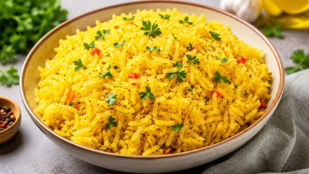 golden rice served in a bowl with fresh parsley