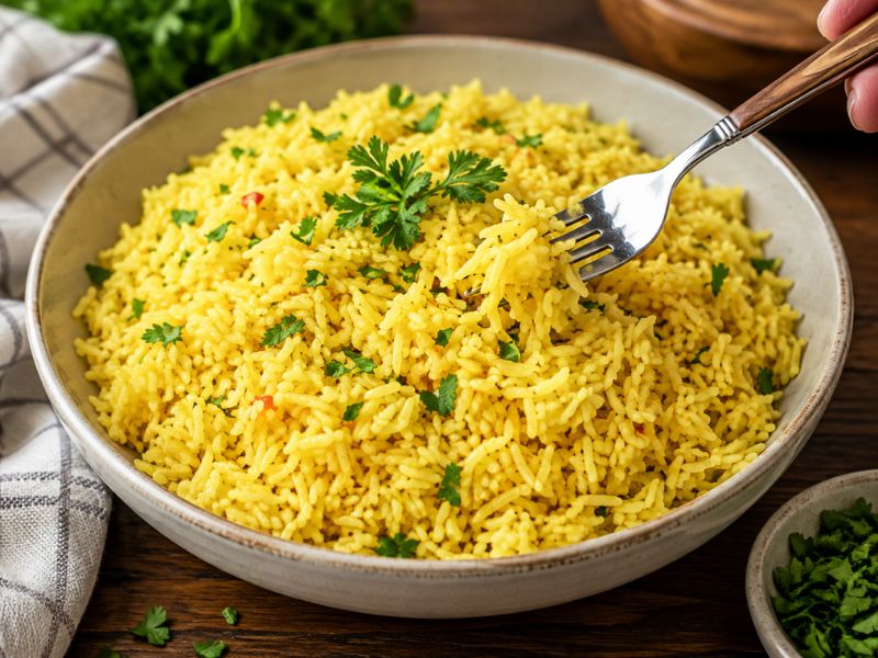 fluffy yellow rice garnished with fresh parsley