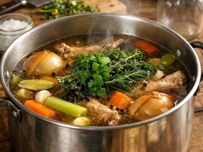Chicken stock gently simmering with chicken bones, carrots, celery, and herbs