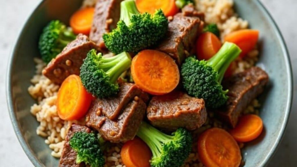 Healthy beef dinner recipes with beef stir-fry, meatballs, vegetables, and brown rice Copy Alt Text