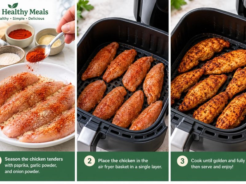 Air fryer chicken tenderloins seasoned with paprika, garlic powder, and onion powder