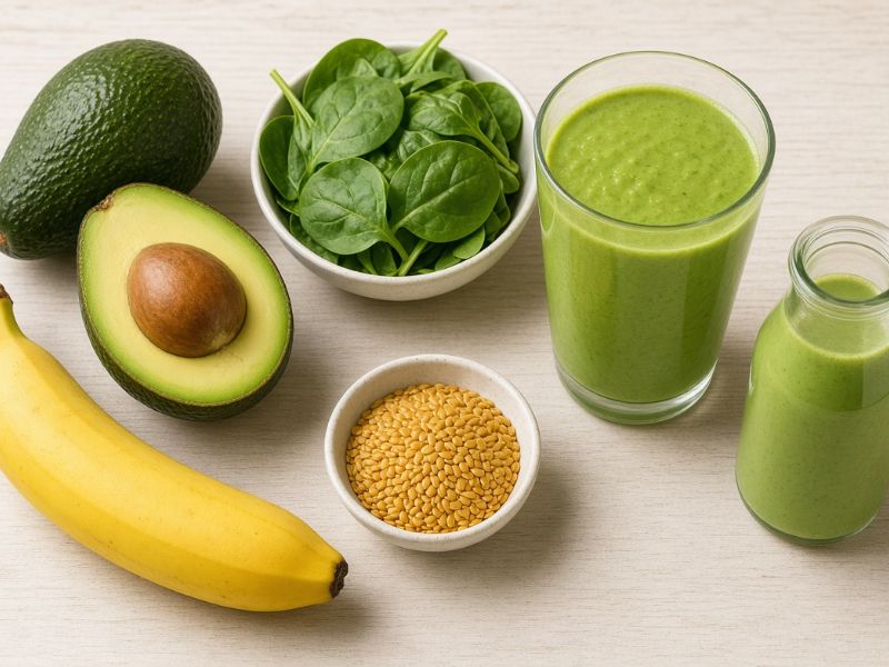 Avocado meal replacement shake with spinach, banana, flaxseed, and soy milk
