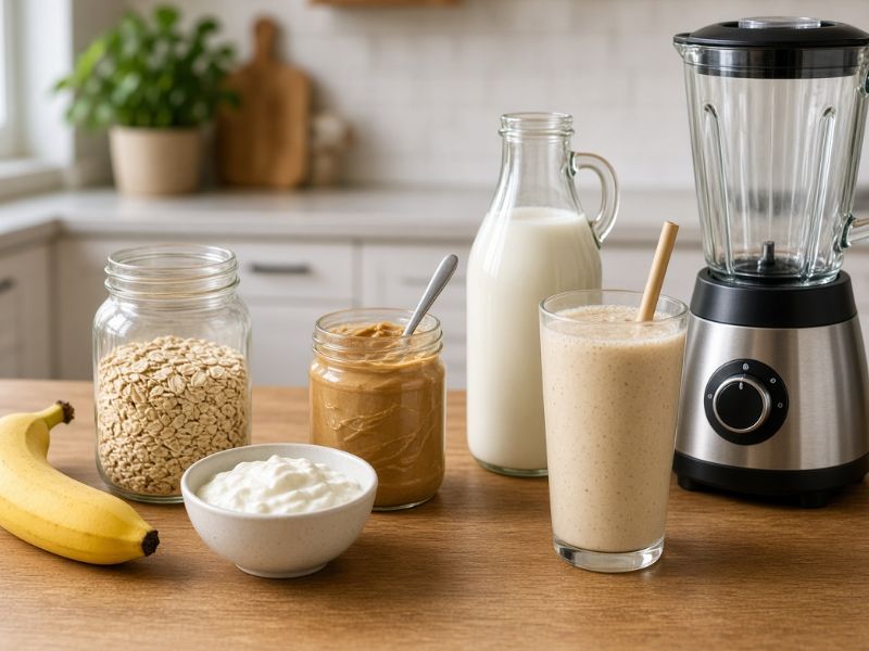 Banana oat meal replacement shake with yogurt, oats, banana, peanut butter, and milk