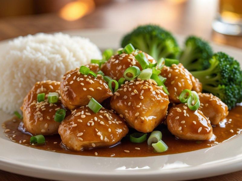 Finished bourbon chicken served over steamed rice with green onions